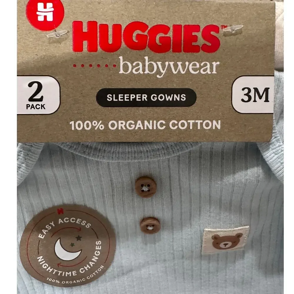 NWT Huggies Babywear 2 Pack Organic Cotton Ribbed Sleeper Gowns 3M Woodland